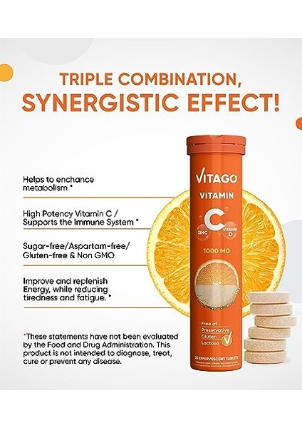 Vitamin C 1000 Mg + Vitamin D + Çinko 20'li Efervesan Tablet (1) fiyatları