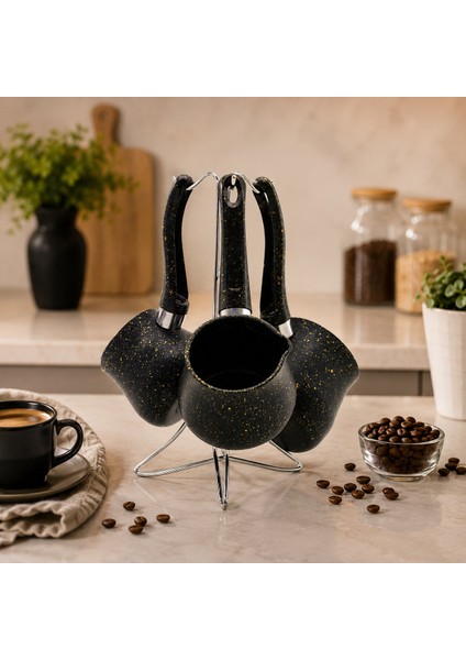 4pcs 230-280-380ML Granit - Çelik Cezve Renkli Metal Standlı modelleri