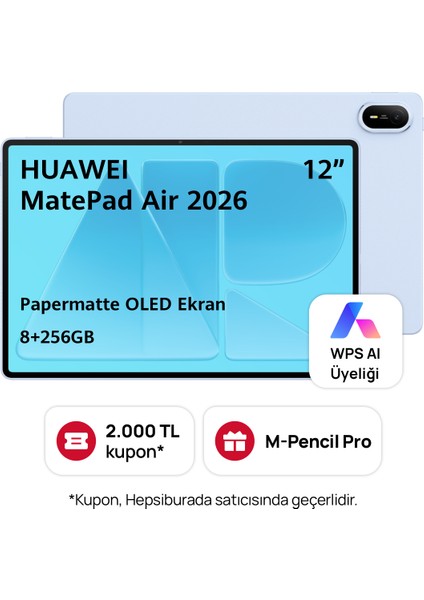 Huawei Matepad Air 12" 20GB(12+8) 256GB Papermatte OLED Tablet - Bulut Mavisi + Klavye + M-Pencil Pro