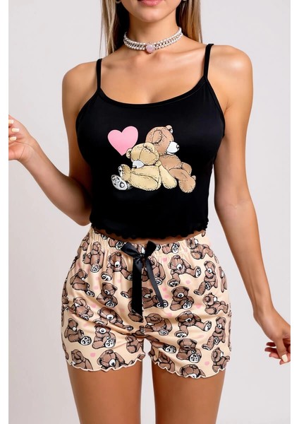 Renkli Ayıcık Desenli Askılı Şortlu Kadın Pijama Takımı fiyatları
