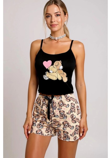 Renkli Ayıcık Desenli Askılı Şortlu Kadın Pijama Takımı modelleri
