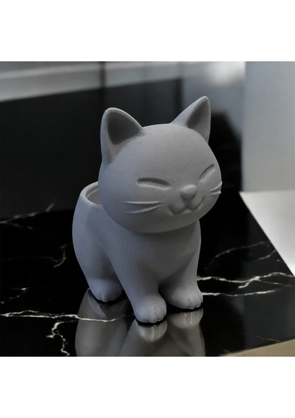 3D Baskı Sevimli Kedi Saksı - Figürlü Sukulent Saksısı-Gri fiyatları