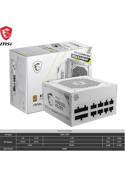 Mag A850GL White 850W 80 Plus Gold 120MM Power Supply