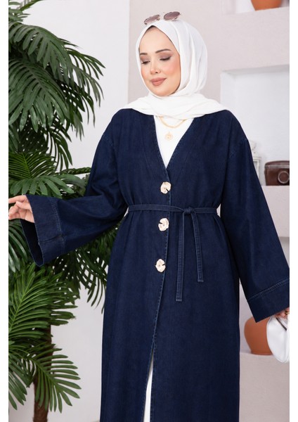 Broş Düğme Detaylı Kot Kimono Lacivert modelleri