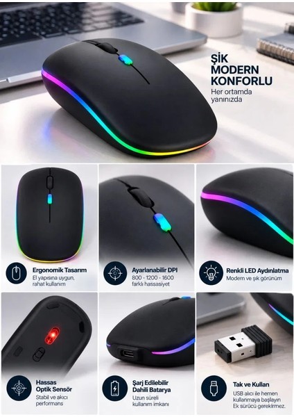 Kablosuz Şarjlı Sessiz Tıklamalı Ergonomik Mouse indirimleri