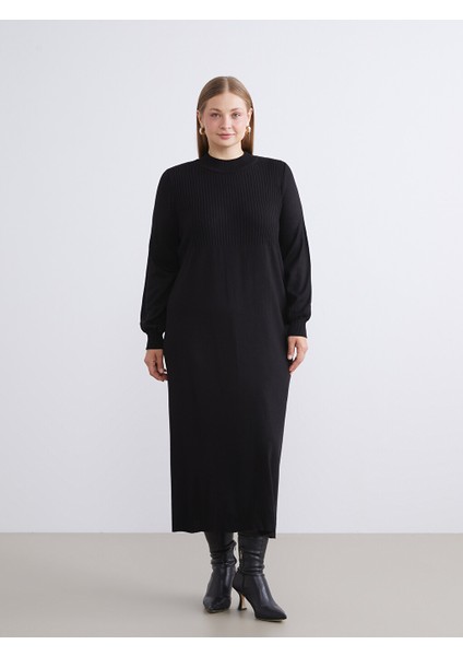 Lcw Modest Siyah Dik Yaka Triko Elbise