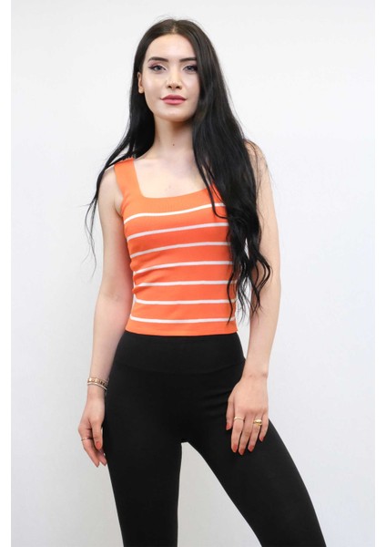 Moda Çizgi Kare Yaka Çizgili Triko Bluz Turuncu fiyatları