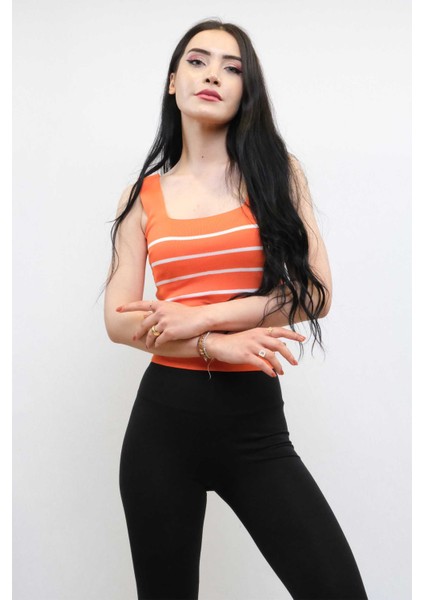 Moda Çizgi Kare Yaka Çizgili Triko Bluz Turuncu modelleri