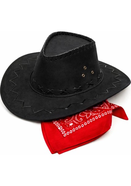 Çocuk Kovboy Şapka Siyah Kırmızı Bandana Seti fiyatları