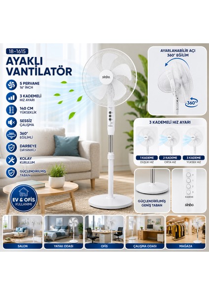 16'' 5 Pervaneli Ayaklı Vantilatör - Sessiz, 140 Cm, 3 Kademe fiyatları