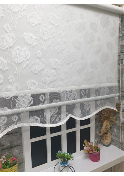 Çift Mekanizmalı Beyaz Çiçekli Tül & Ekru Stor Perde STB1093 modelleri