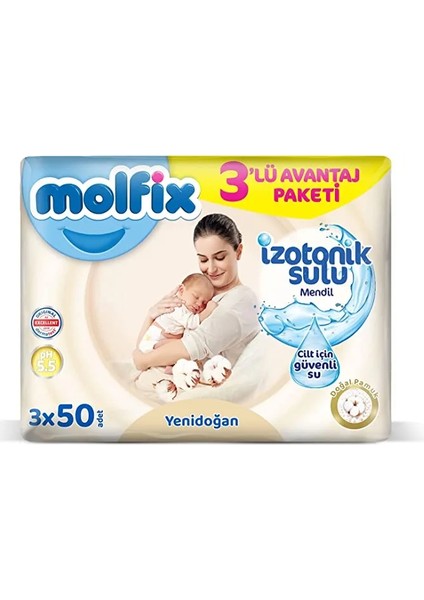 Molfix Yenidoğan Izotonik Sulu Doğal Pamuk Islak Havlu Mendil 3'lü 150 Yaprak