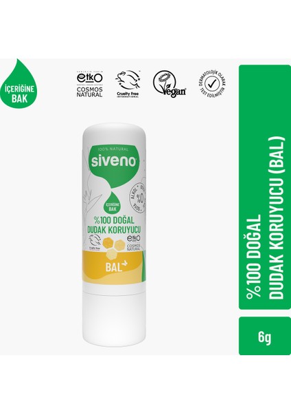Siveno %100 Doğal Dudak Koruyucu Bal Bitkisel Lipbalm Dudak Kremi Nemlendirici Parlatıcı Onarıcı 6 G
