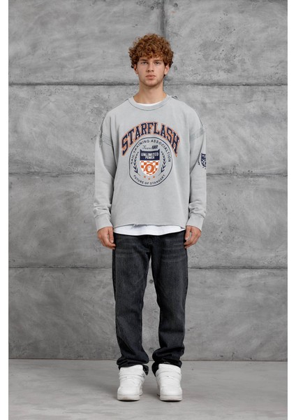 Erkek Sweatshirt Starflash Dikiş Gri Oversize Baskılı indirimleri