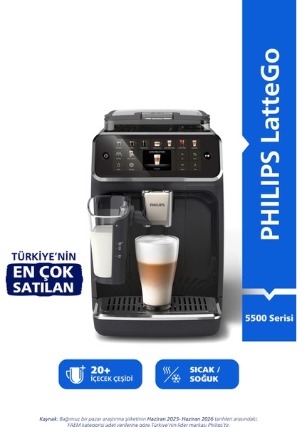 Philips 5500 Serisi LatteGo Tam Otomatik Espresso Makinesi, 20 Sıcak ve Soğuk İçecek, QuickStart, SilentBrew Teknolojisi, Dokunmatik Ekran, EP5547/90