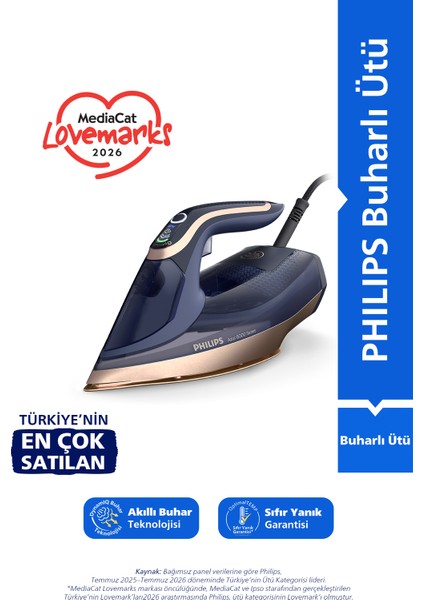 Philips 8000 Serisi Azur Buharlı Ütü, 3000W, 260 g Turbo Şok Buhar, 85 g/dk Sürekli Buhar, Sıfır Yanık Riski, 50 ml Su Haznesi, DST8050/20