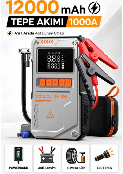 Enshall Akü Takviye Cihazı 12.000MAH Auhma Powerbank Özellikli Çantalı Akü Takviyeli Oto Hava Kompresör Gri