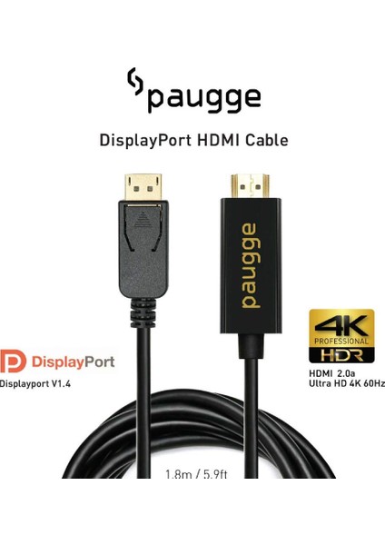 Paugge Displayport To HDMI Aktif Kablo (4K@60Hz, Hdr, Hdcp Fiyatı