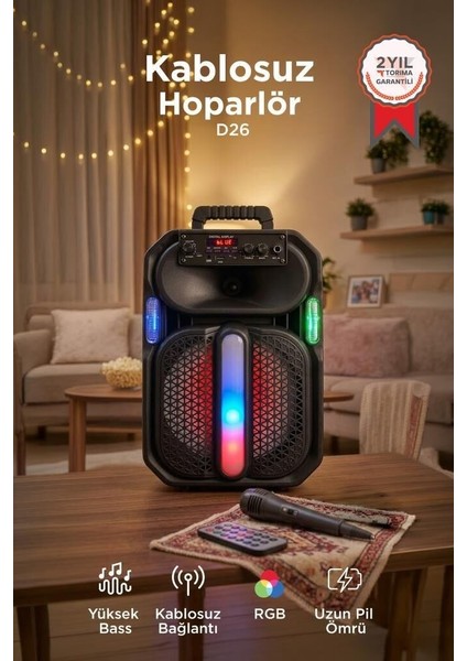 Özel Üretim Bluetooth Hoparlör D26 Siyah Piknik Mini Mikrofonlu fiyatları