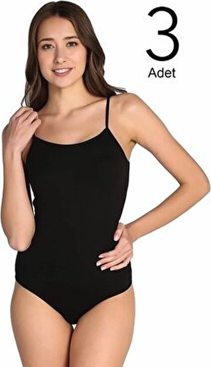 Tutku Kadın Siyah 3'lü Paket Ip Askılı Dokuma Likralı Kancalı Çıtçıtlı Body Düz Desen Yaka görsel 3