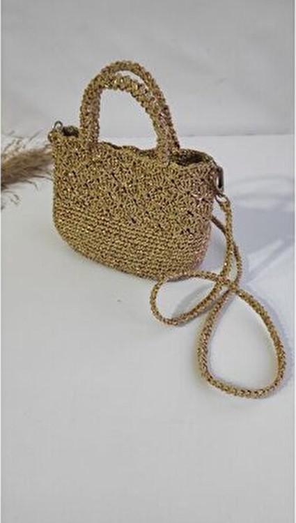 Butik Hasır Kağıt İp El Örgüsü Çapraz Çanta Haki Renkli Plaj Tekstil Koleksiyonu Şık Görünüm görsel 2