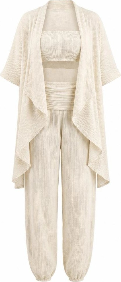 Byemelika %100 Pamuk, Bürümcük, Lastik Detay, Bohem Lidya Kaftan (Bej) görsel 2