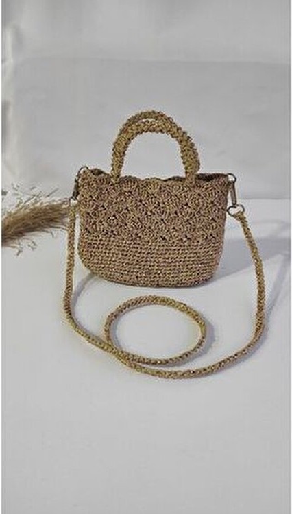 Butik Hasır Kağıt İp El Örgüsü Çapraz Çanta Haki Renkli Plaj Tekstil Koleksiyonu Şık Görünüm görsel 3