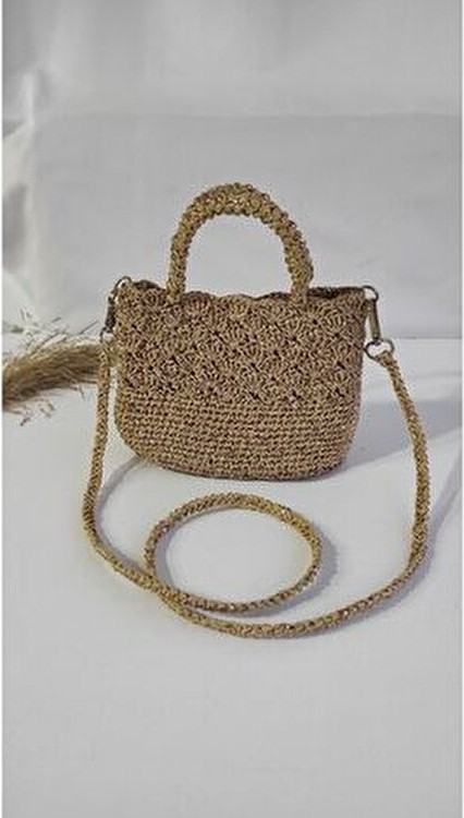 Butik Hasır Kağıt İp El Örgüsü Çapraz Çanta Haki Renkli Plaj Tekstil Koleksiyonu Şık Görünüm görsel 4