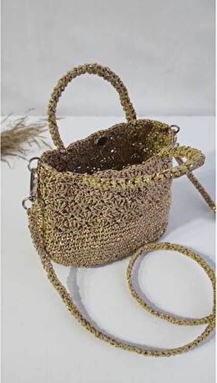 Butik Hasır Kağıt İp El Örgüsü Çapraz Çanta Haki Renkli Plaj Tekstil Koleksiyonu Şık Görünüm görsel 6