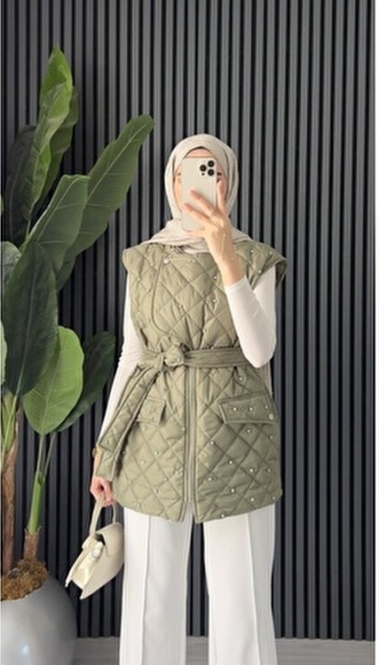 Molly Nelly Kadın Haki Taş Detaylı Astarlı Midi Yelek Regular Fit Şık Stil