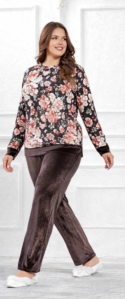 Flz Büyük Beden Kadife Pijama Takımı Kadın, Kışlık Çiçek Desenli Rahat Ev Giyimi FLZ B89-68 görsel 2
