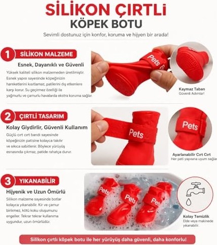 Aesco Köpek Ayakkabısı 4’lü Set Su Geçirmez Kaymaz Tabanlı Köpek Botu Küçük Orta Irk Köpekler Için Koruyucu Patik Yağmur Kar Çamur Için Dayanıklı Evcil Hayvan Ayakkabısı Kırmızı (Medium) görsel 2
