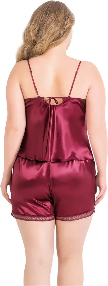 bebekokusu Büyük Beden Bordo Saten Babydoll Şort Takımı görsel 2