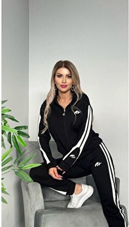MİMİ LUXURY WEAR Kadın Ikili Eşofman Takımı Fermuarlı Alt Üst Eşofman Takımı Nakışlı 2 Iplik Likra görsel 4