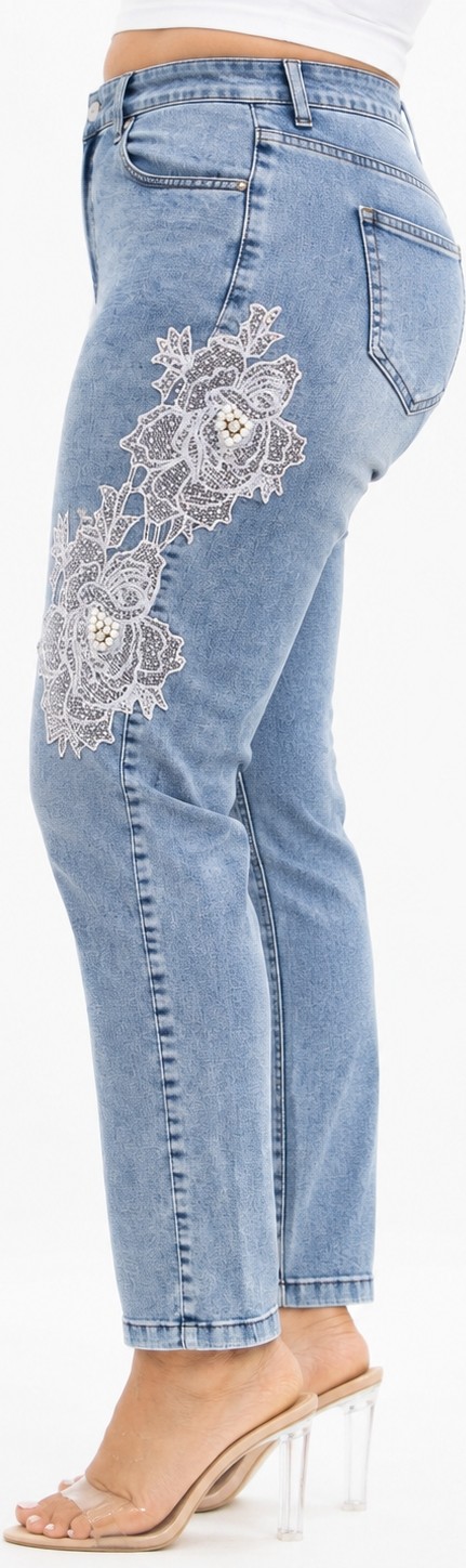 Trieste Wear Büyük Beden Yüksek Bel Çiçek Dantel ve Inci Detaylı Denim Kadın Pantolon görsel 4
