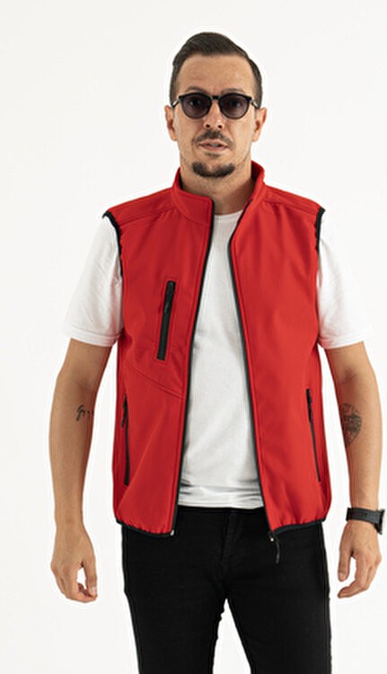 Souris Erkek Kırmızı Slim Fit Dar Kesim Içi Polar Outdoor Softshell Yelek görsel 2