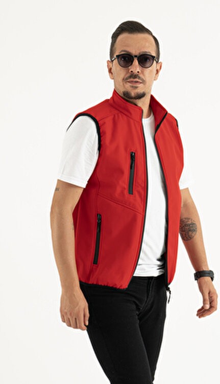Souris Erkek Kırmızı Slim Fit Dar Kesim Içi Polar Outdoor Softshell Yelek görsel 4