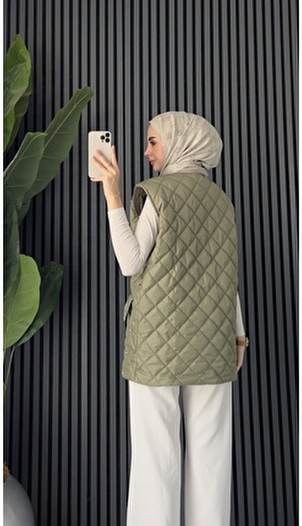 Molly Nelly Kadın Haki Taş Detaylı Astarlı Midi Yelek Regular Fit Şık Stil görsel 4