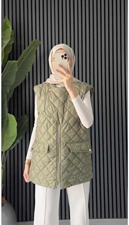 Molly Nelly Kadın Haki Taş Detaylı Astarlı Midi Yelek Regular Fit Şık Stil görsel 5