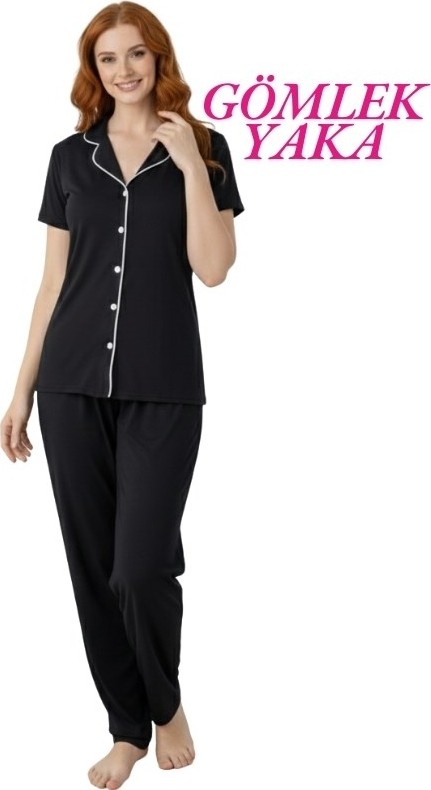 Guava Kadın Kırmızı Ekose Desenli Slim Fit Gömlek Yaka Önden Düğmeli Dar Kalıp Kısa Kol Pijama Takımı