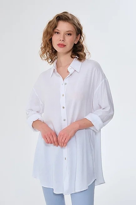 Gusto Oversize Keten Gömlek - Beyaz