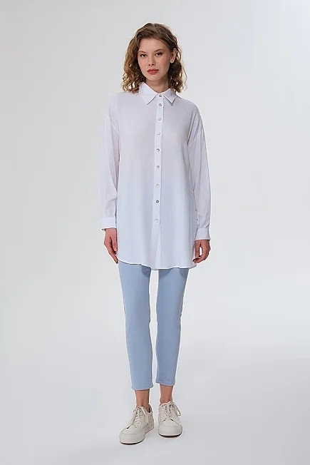 Gusto Oversize Keten Gömlek - Beyaz görsel 3