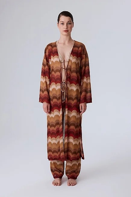 Gusto Etnik Desen Raşel Örgü Kimono - Turuncu