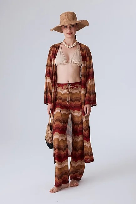 Gusto Etnik Desen Raşel Örgü Kimono - Turuncu görsel 2
