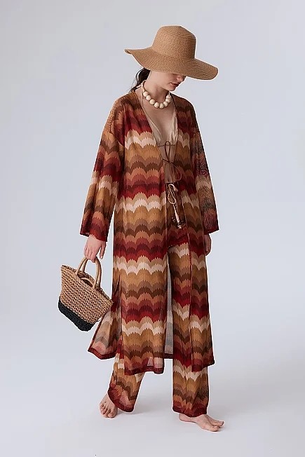 Gusto Etnik Desen Raşel Örgü Kimono - Turuncu görsel 3