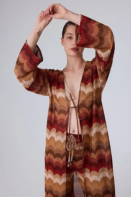 Gusto Etnik Desen Raşel Örgü Kimono - Turuncu görsel 4