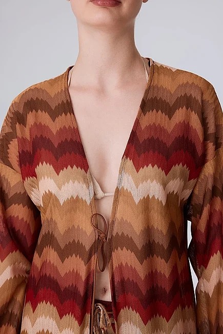 Gusto Etnik Desen Raşel Örgü Kimono - Turuncu görsel 5