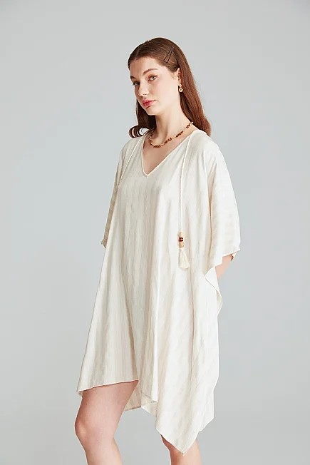 Gusto Çizgili Keten Dokulu Kimono - Ekru