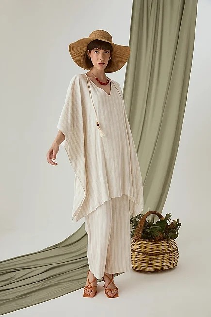 Gusto Çizgili Keten Dokulu Kimono - Ekru görsel 2
