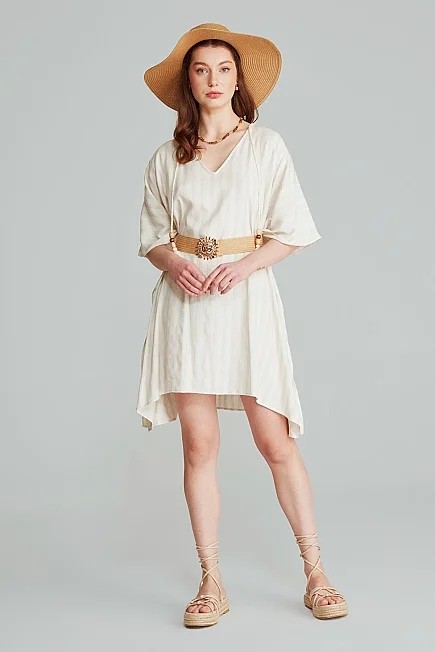 Gusto Çizgili Keten Dokulu Kimono - Ekru görsel 3